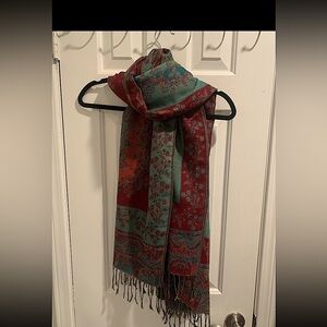Women’s Paisley Fringed Burgundy and Green Scarf Shawl Wrap